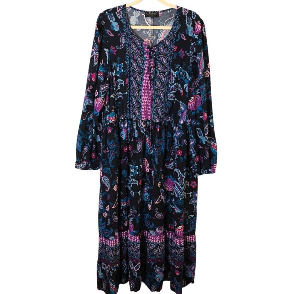Lane Bryant Womens Black Pink Tiered Prairie Maxi Dress Plus 18 Lace Bodice NEW